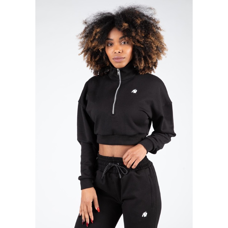 Къс памучен суитшърт Ocala Cropped Half-Zip Sweatshirt – Black